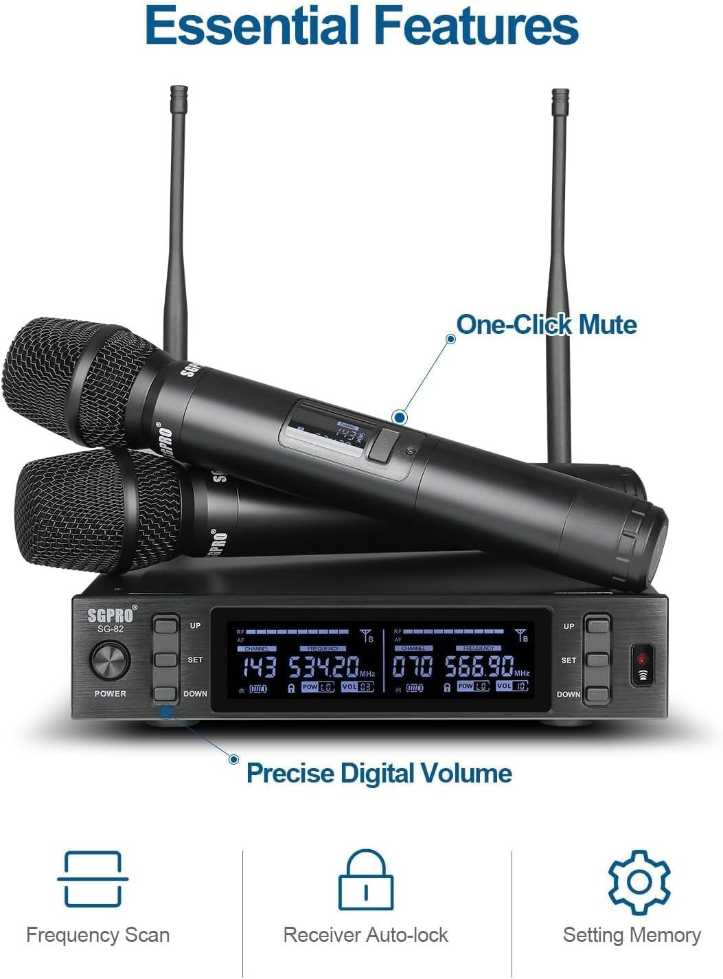SGPRO SG-82HH Sistema de micrófono inalámbrico de mano doble, 520-5...
