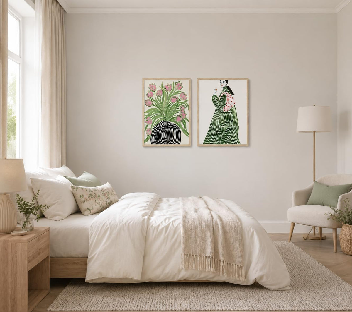 Lienzo enmarcado para pared, diseño de tulipanes, jarrón de mujer,...