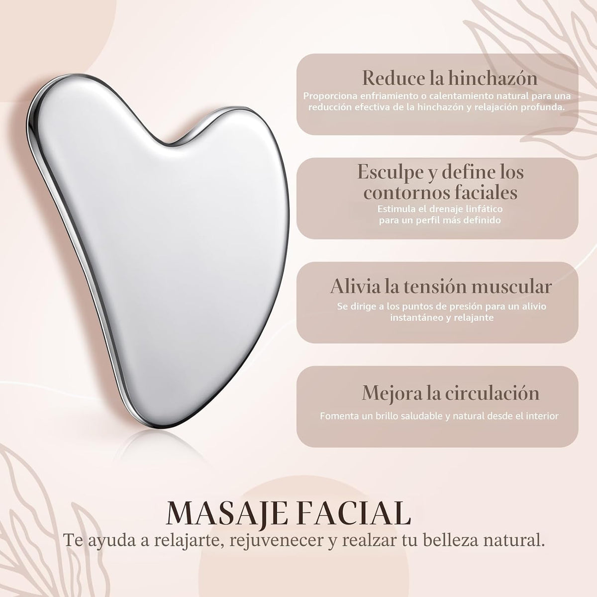 Nuanchu Herramienta facial Gua Sha de acero inoxidable 304, plata,...