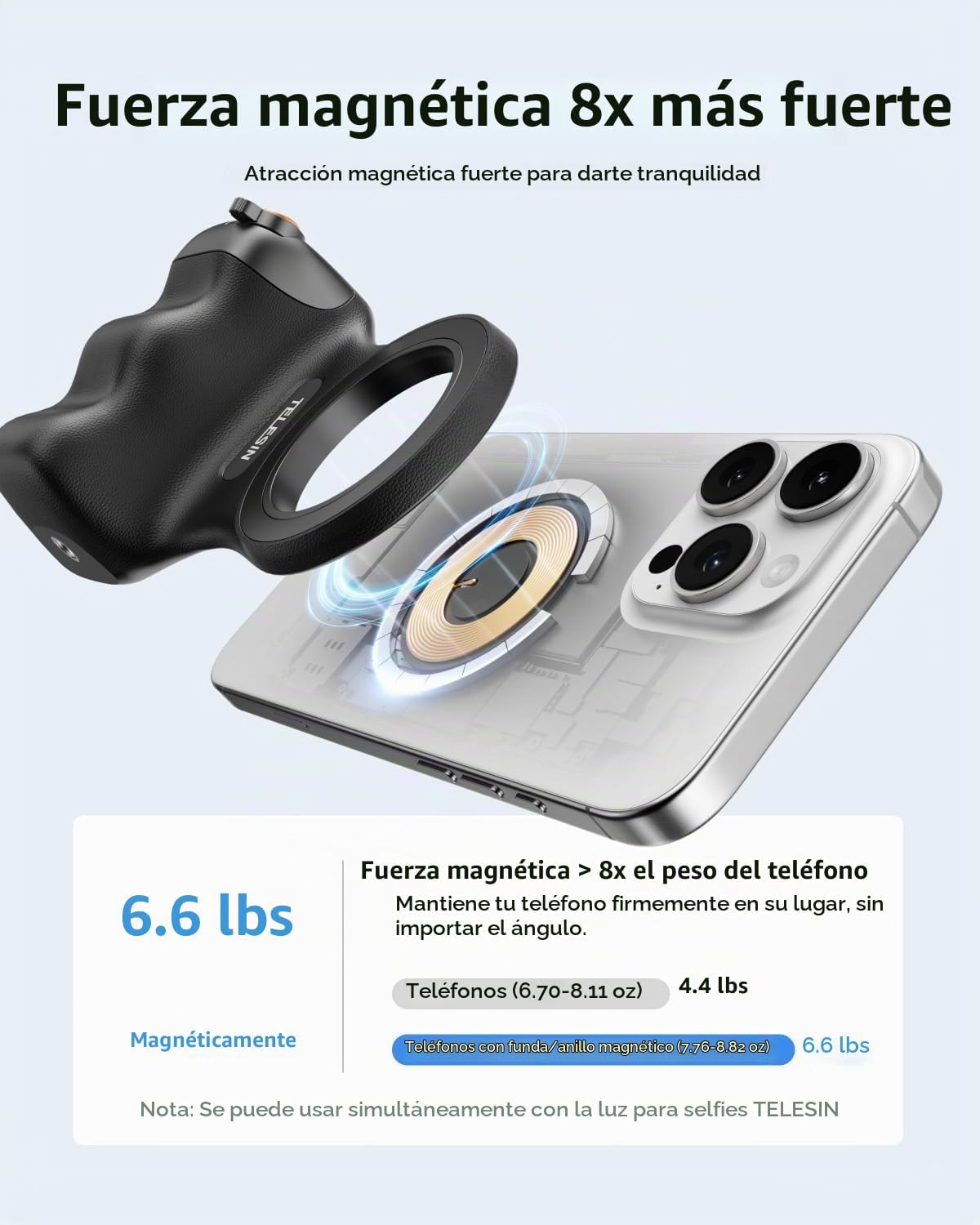 TELESIN Agarre magnético para cámara de teléfono 3 en 1 + luz magné...