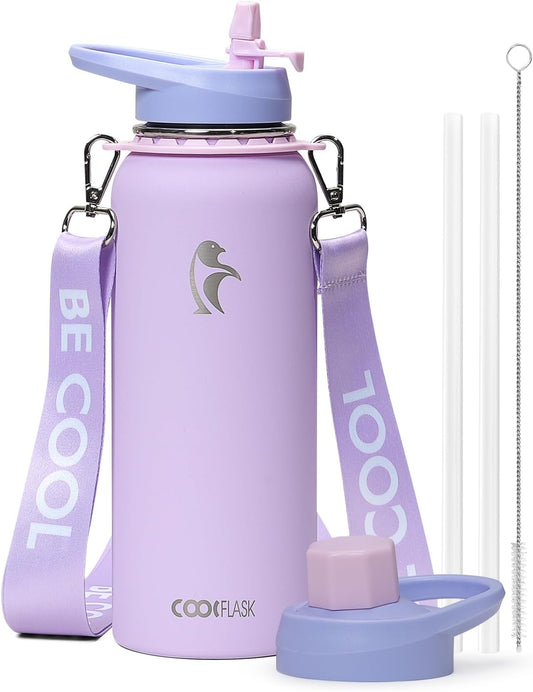 Coolflask Botella de agua de 64 onzas con popote, jarra de agua ais...