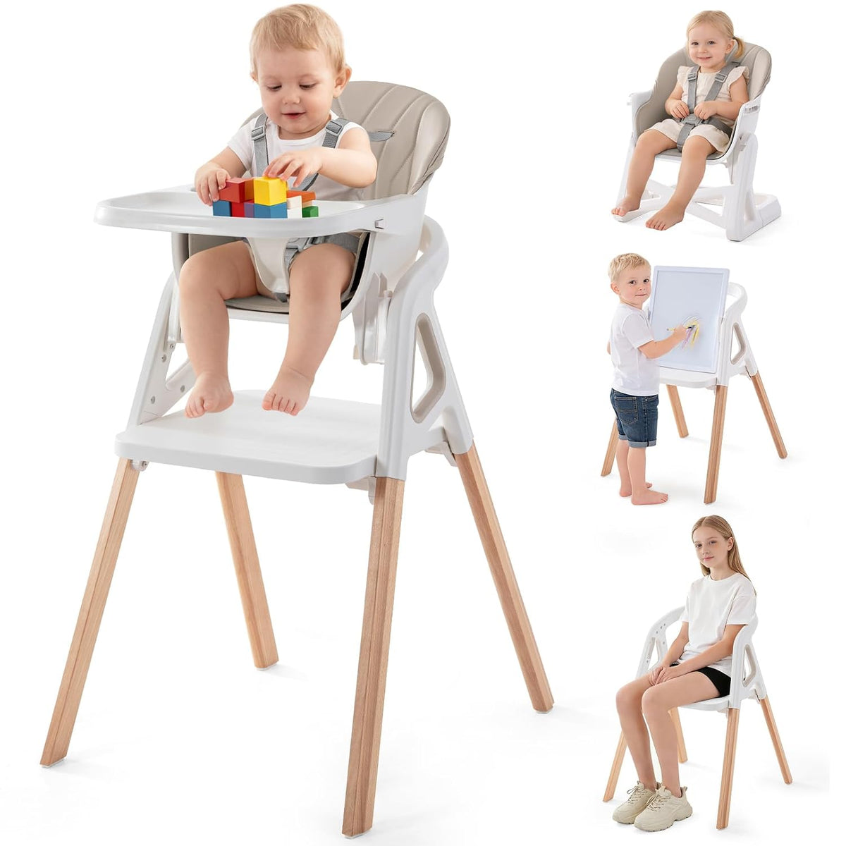 Silla alta para bebé, silla alta convertible de madera 4 en 1 para...