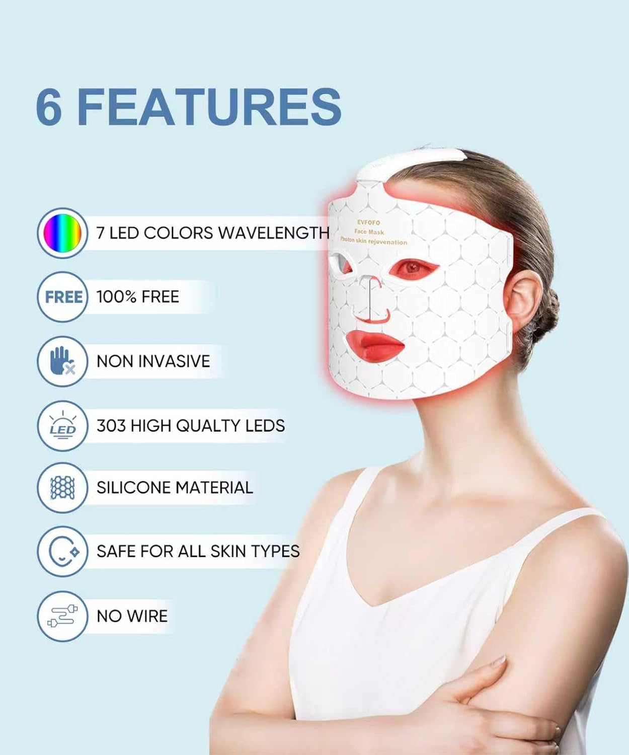 EVFOFO Terapia de luz roja de 7 colores para cara, terapia de luz L...