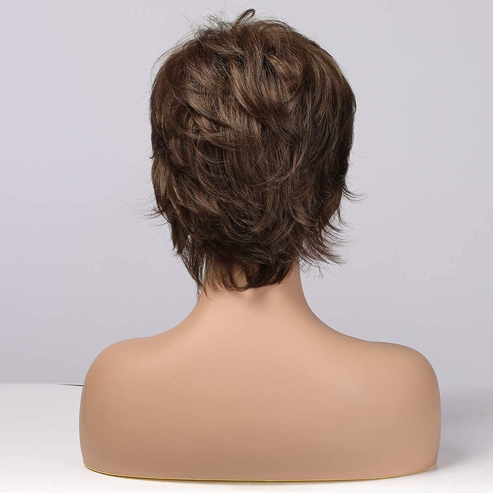 EMMOR - Peluca corta de cabello humano mezcla marrón con corte pixi...