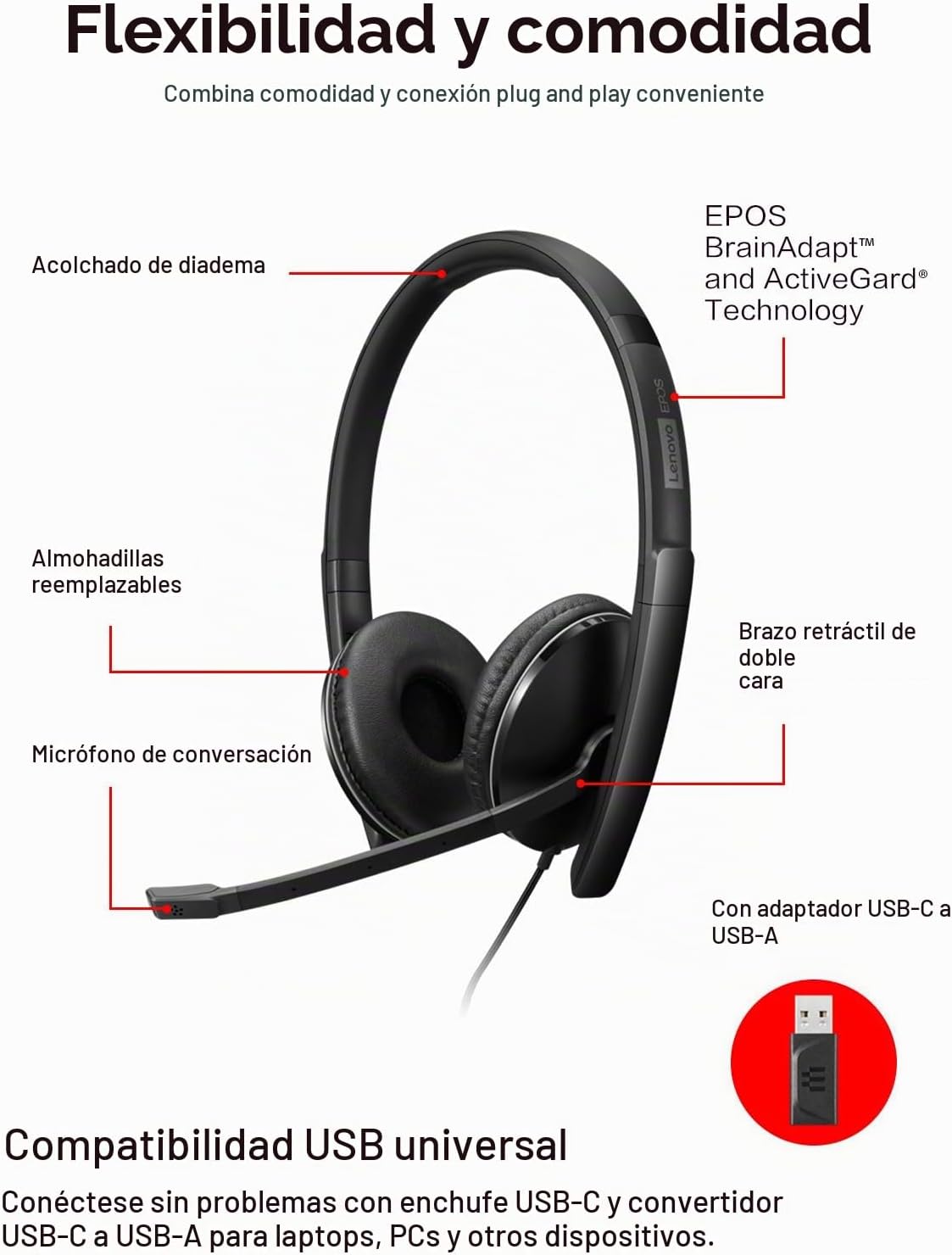 Auriculares con cable Lenovo con cancelación activa de ruido (ANC),...