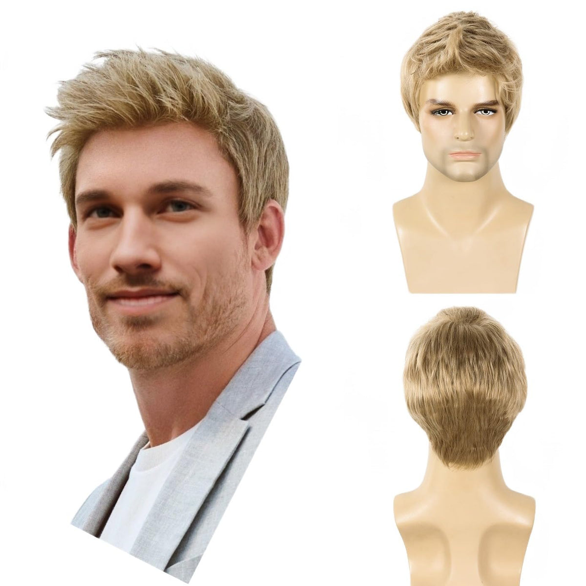 BEAUTY FLAG - Peluca rubia para hombre de cabello corto y liso sint...