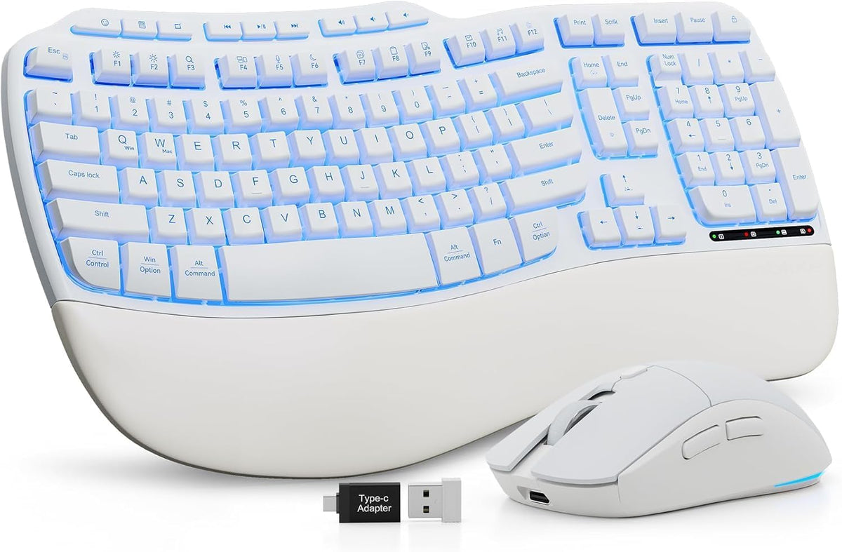 Combo de teclado y mouse inalámbricos blancos, juego de teclado erg...
