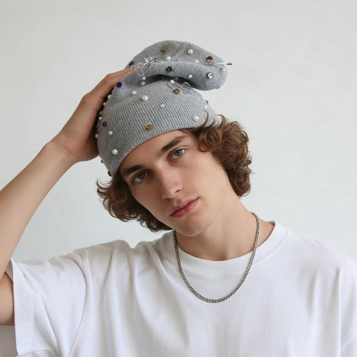 HENWASAI Gorro de punto unisex con diamantes de imitación y perlas,...