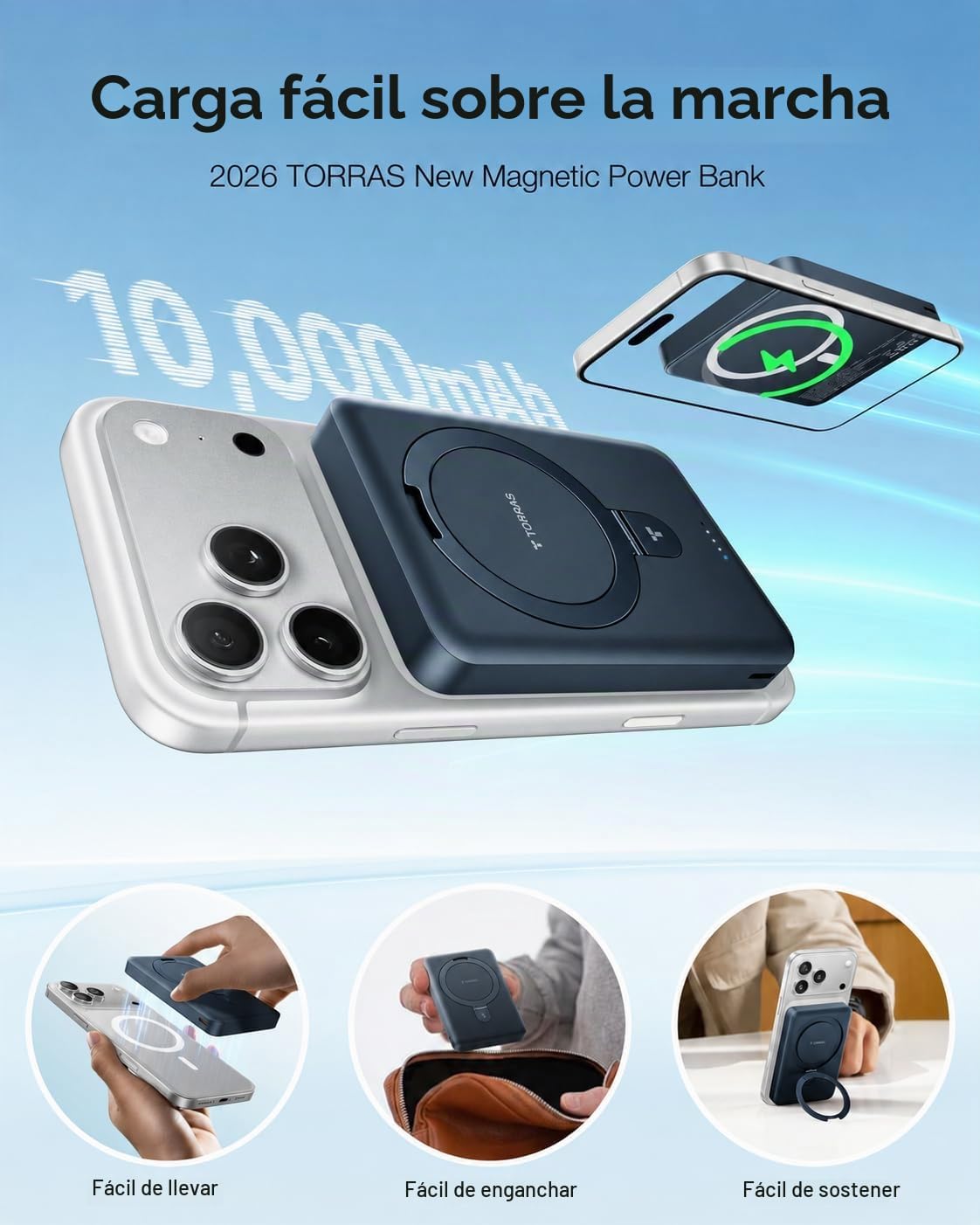 TORRAS EasyGo Cargador portátil para iPhone, banco magnético de ene...