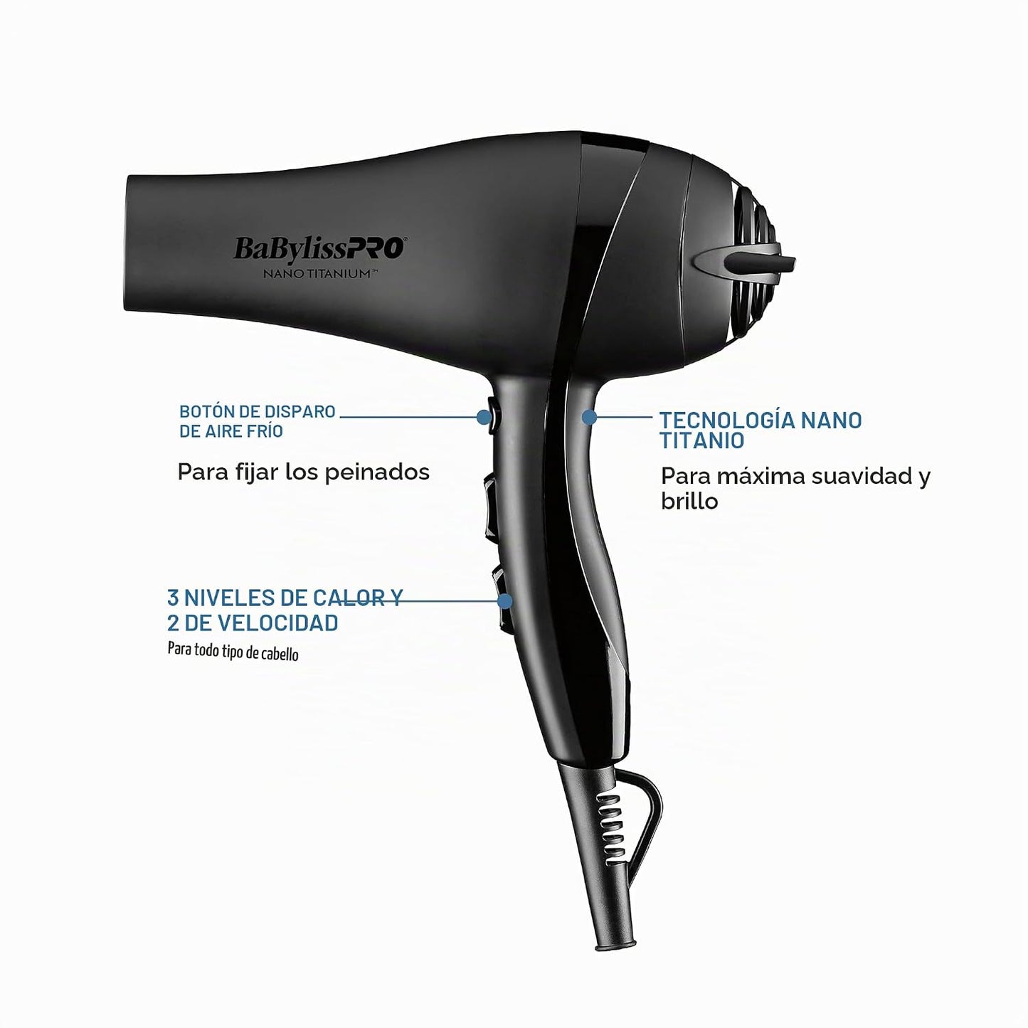 BaBylissPRO Nano Titanium secador de pelo de 2000 vatios con boquil...