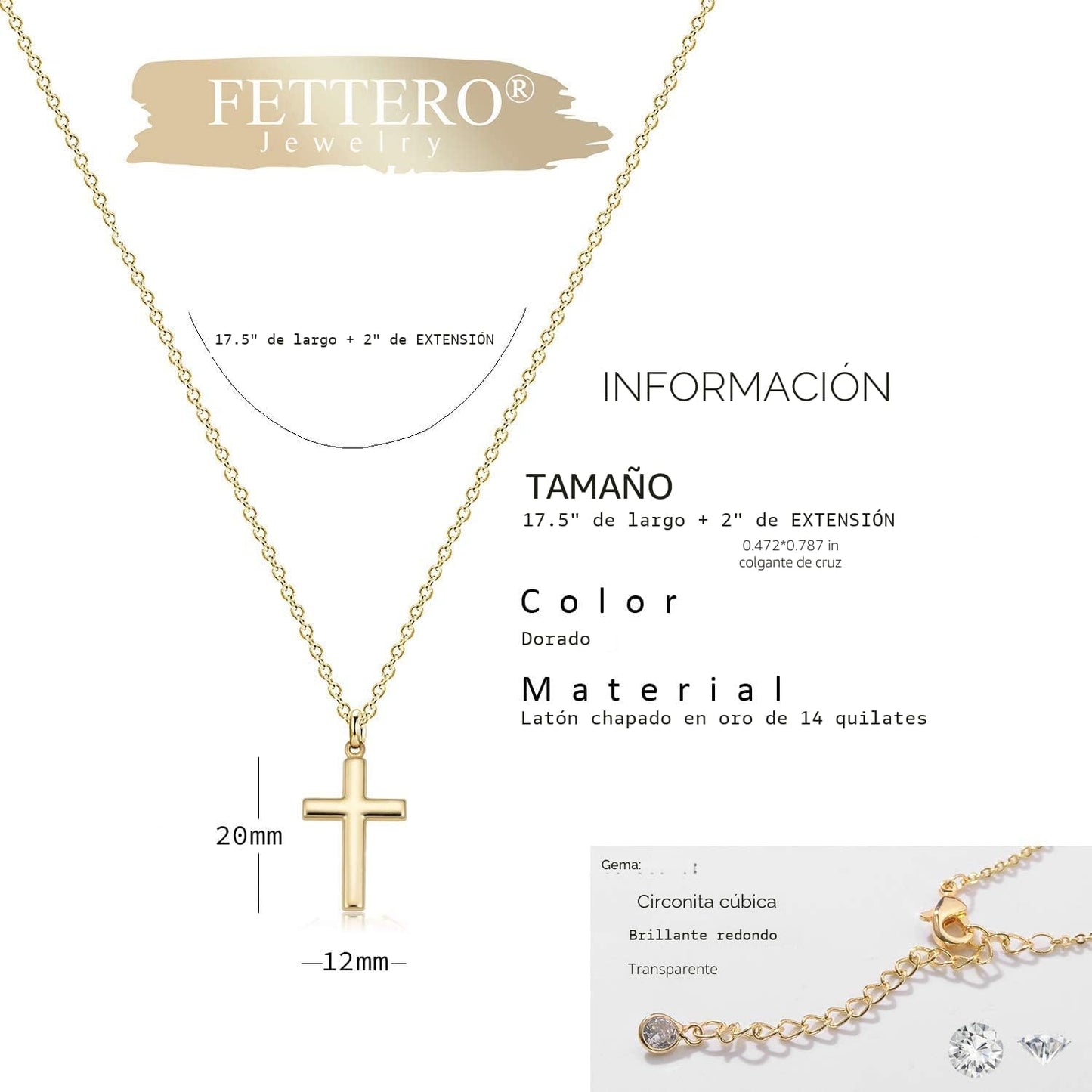 Fettero - Collar con dije de cruz de fe, chapado en oro de 14 K, ca...