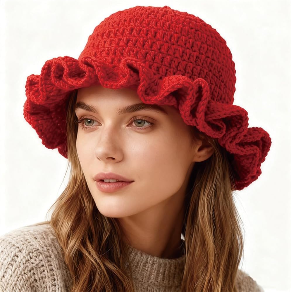 AMOFIA Gorro de punto para mujer, gorro de ganchillo con volantes,...