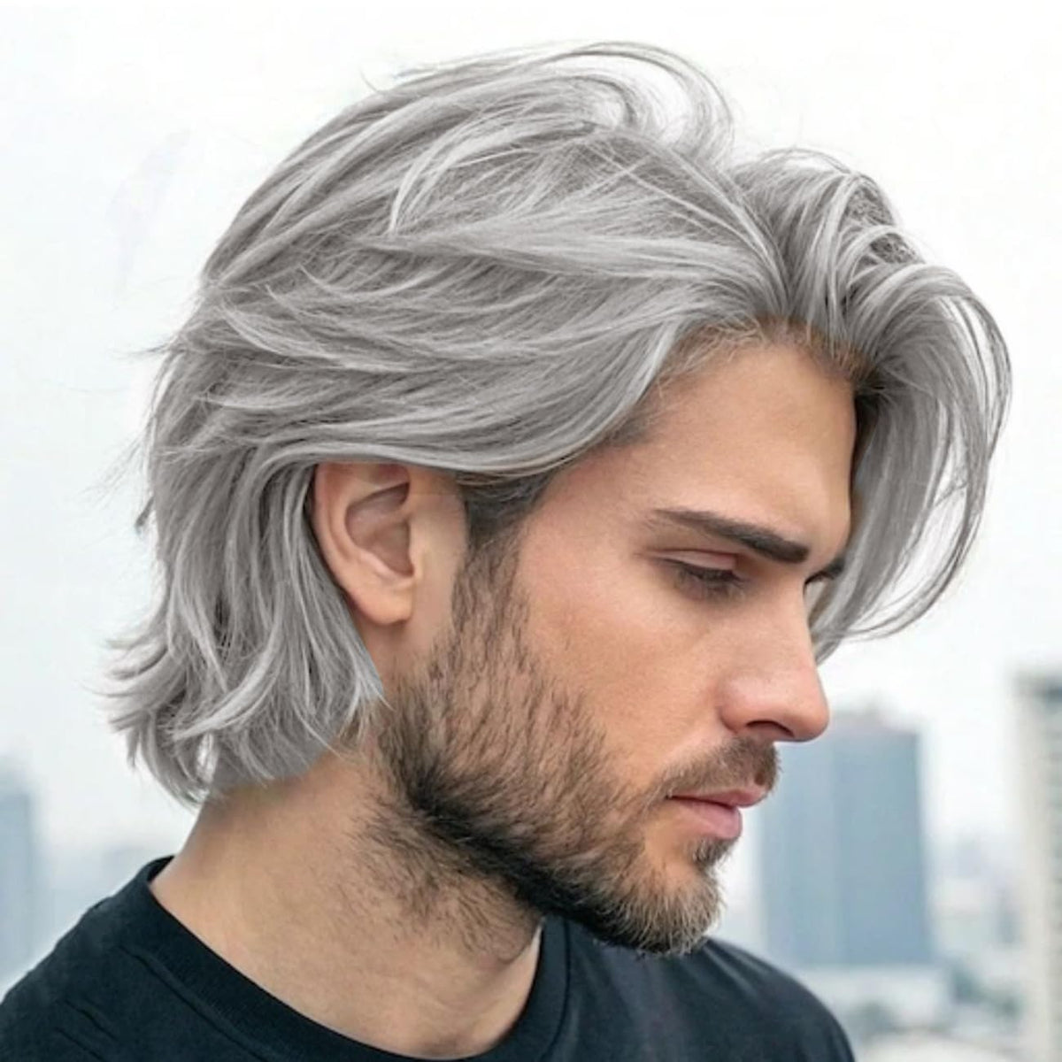 RicHyun Peluca corta gris sintética para hombre, recta, en capas, p...