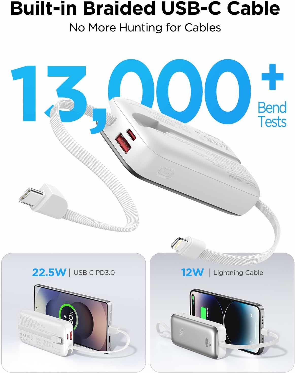Cargador portátil Aioneus Banco de energía con cables integrados 10...