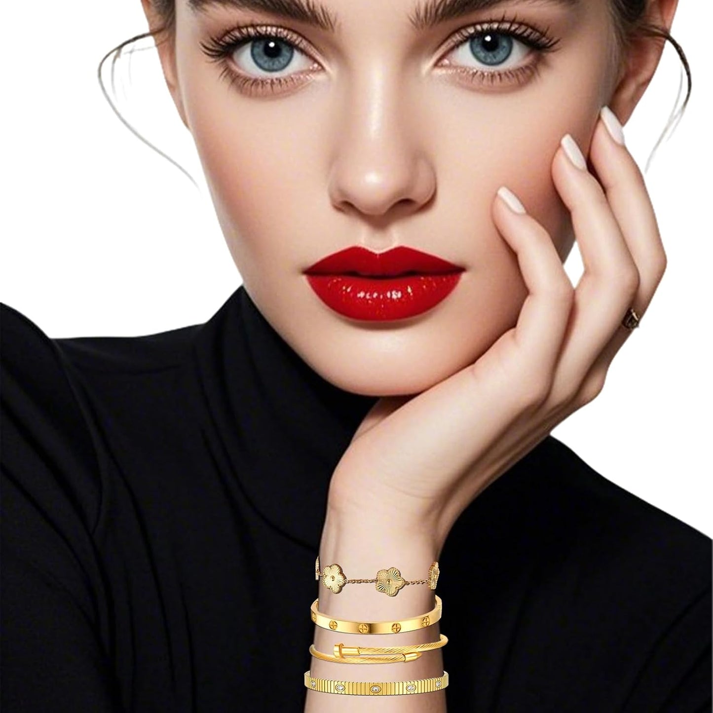 Ntutrxk Pulseras de oro para mujer - 4 piezas\/3 piezas, juego de p...