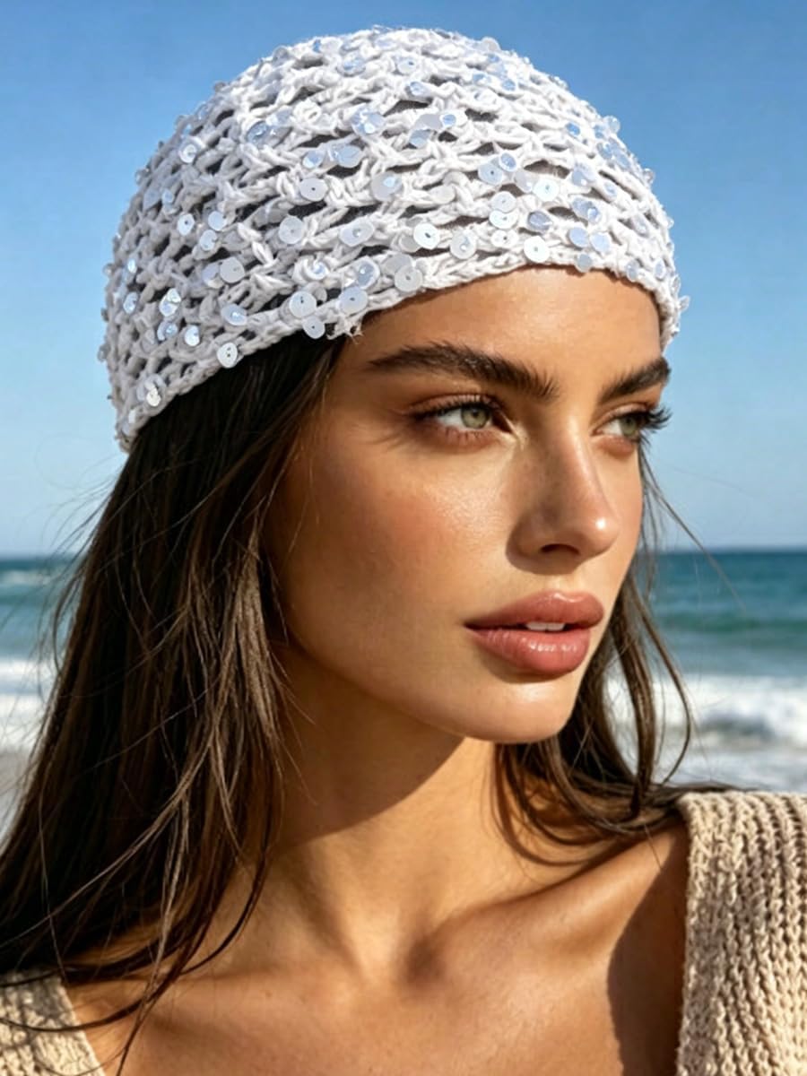 Gorro de punto con lentejuelas para mujer, estilo bohemio, con huec...