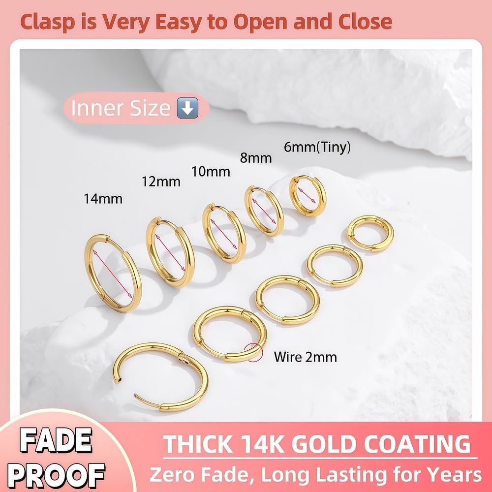 5 pares de pendientes de aro chapados en oro de 14 quilates para mu...