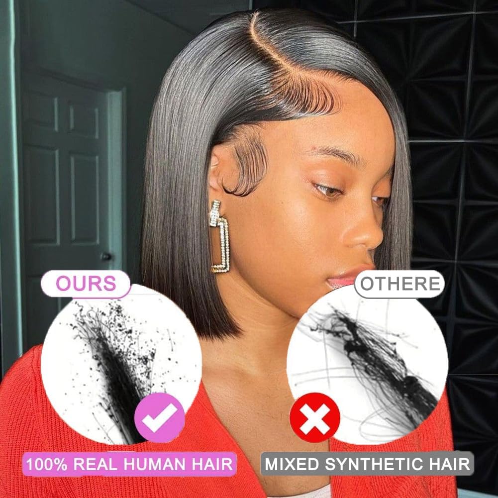 Rnsnwiee geng - Peluca de cabello humano corto estilo Bob, lacio, 1...