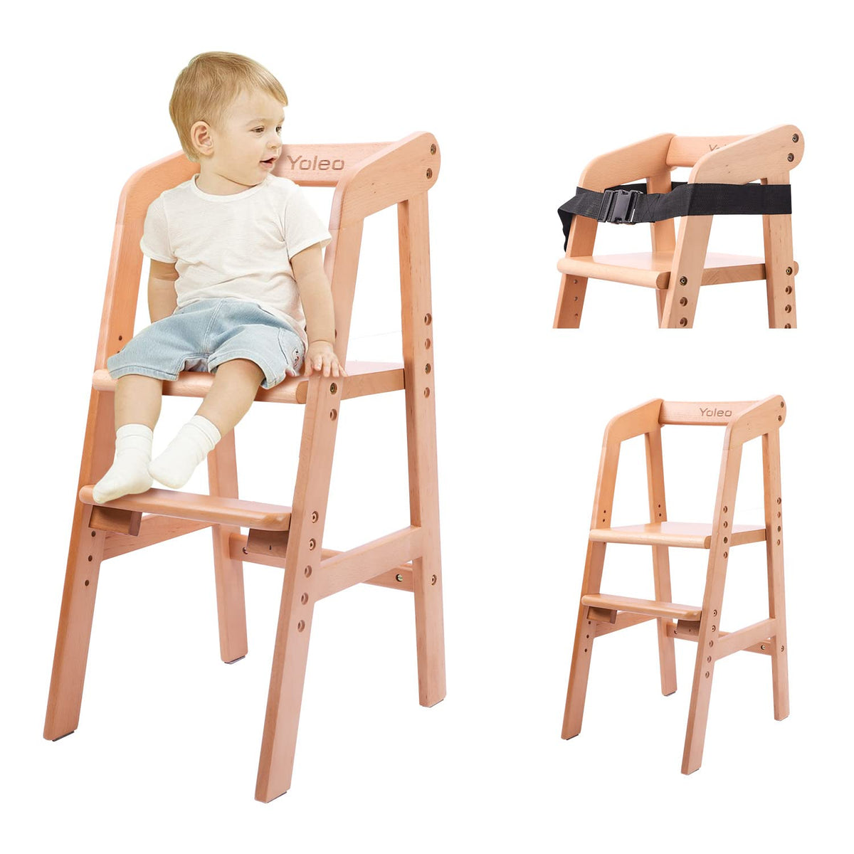 YOLEO Silla alta de madera para niños pequeños, silla de alimentaci...
