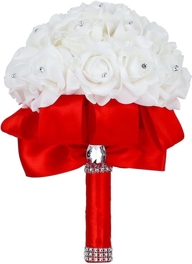 Febou Ramo de novia, ramo de dama de honor rojo, ramo de novia con...