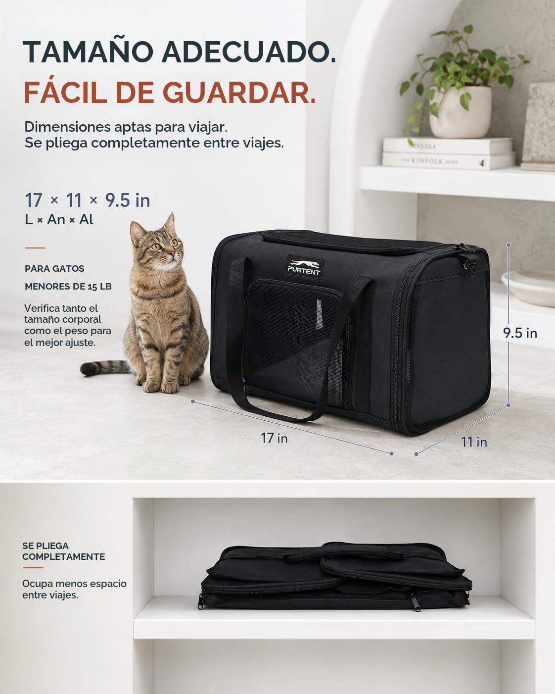 Transportador de mascotas de 17 x 11 x 9.5 pulgadas, aprobado por a...