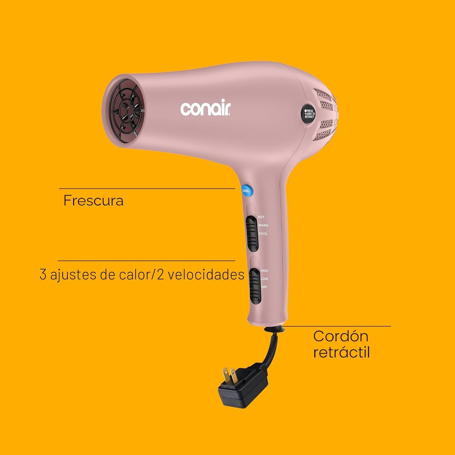 Conair Secador de pelo con difusor y concentrador, 1875W, rosa clar...
