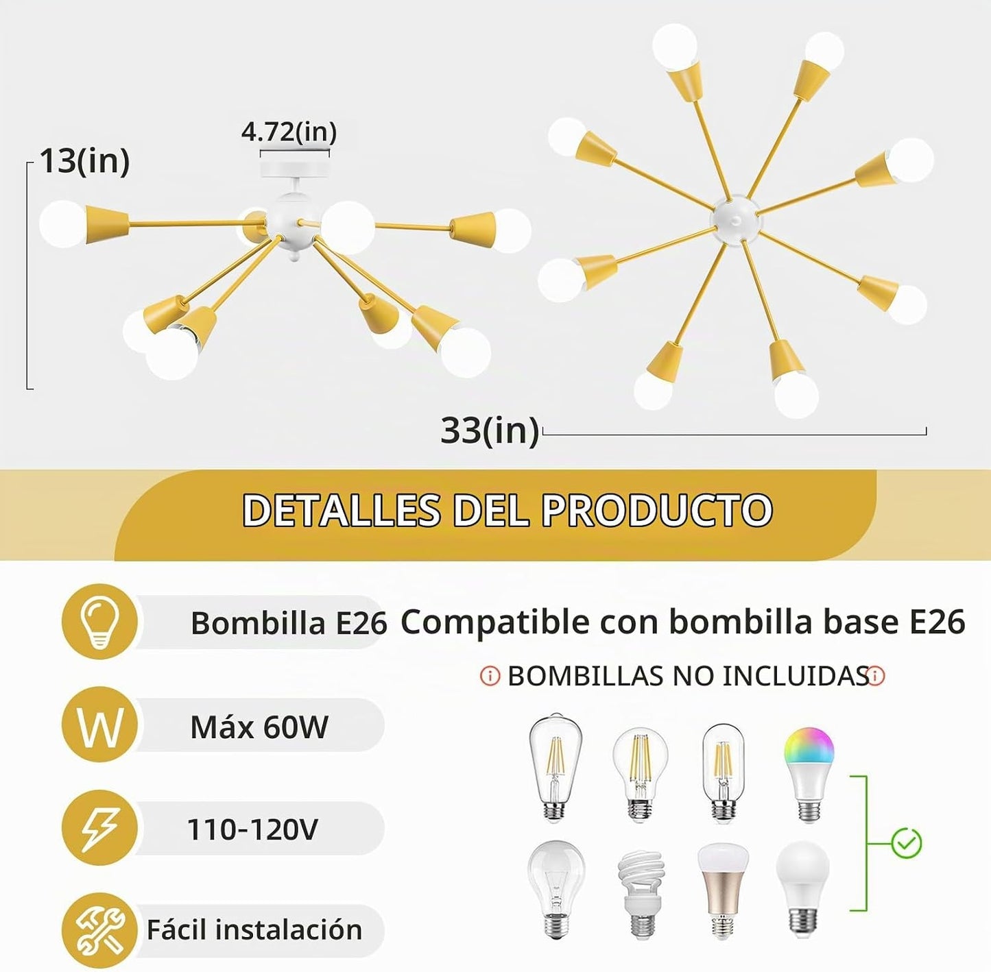 Ymlii Lámpara de techo amarilla Sputnik, 8 luces de techo para niño...