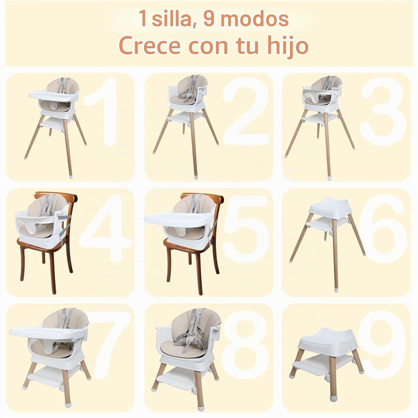 Silla alta convertible 9 en 1 con refuerzo, trona de madera para be...