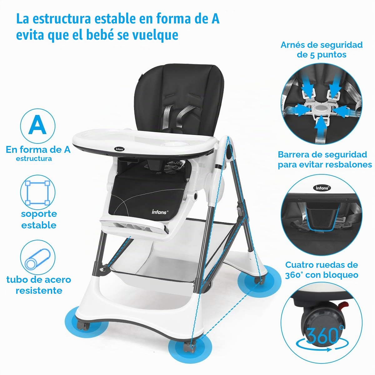 INFANS Silla alta con bandeja extraíble con una sola mano, 4 ruedas...