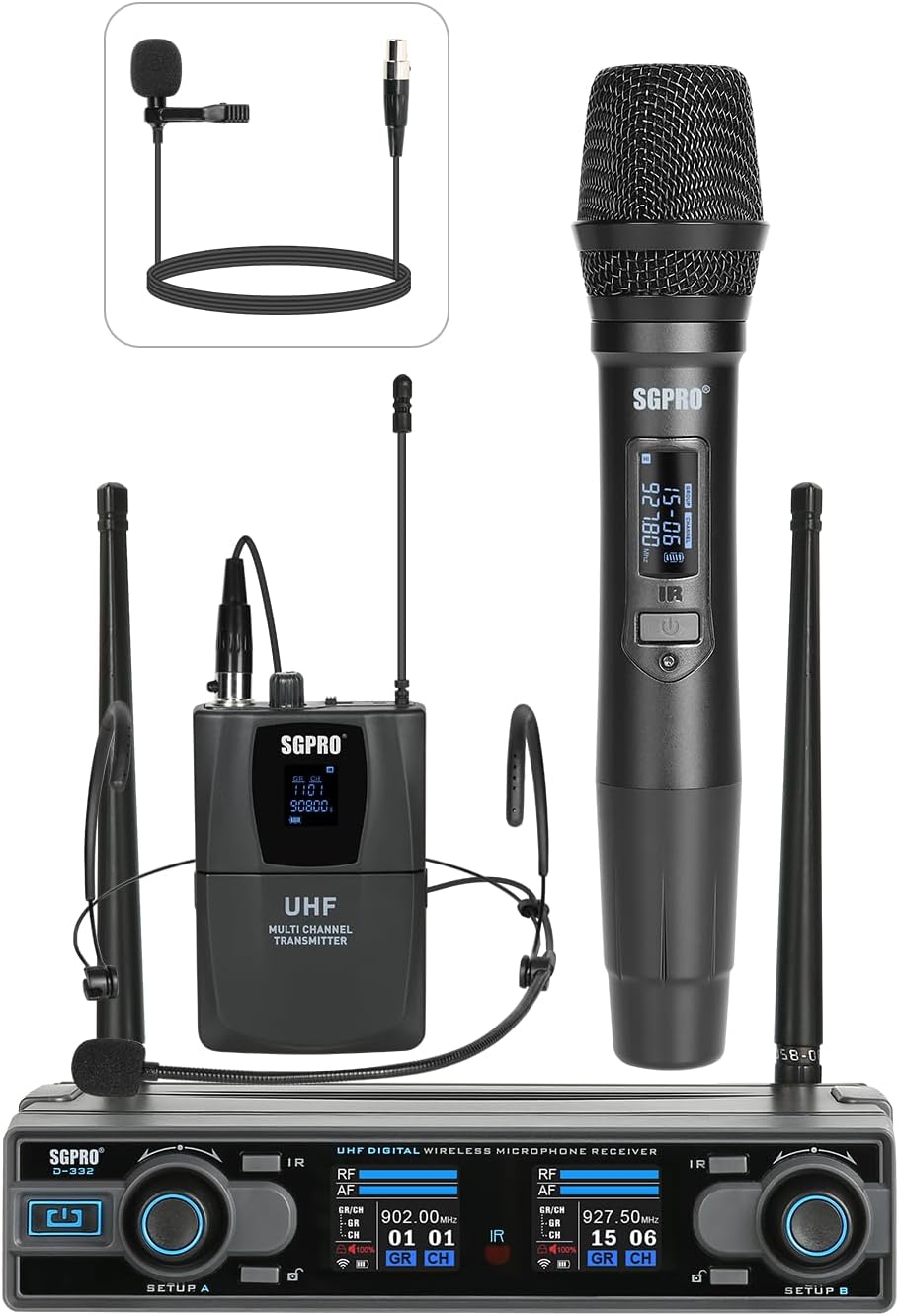 SGPRO D-332HB Dual UHF Sistema de micrófono inalámbrico, portátil y...