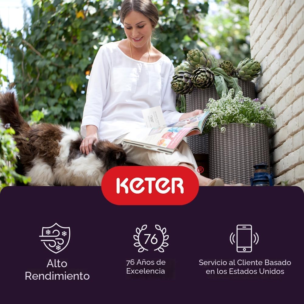 Keter Juego de 3 macetas cilíndricas de resina de ratán para planta...