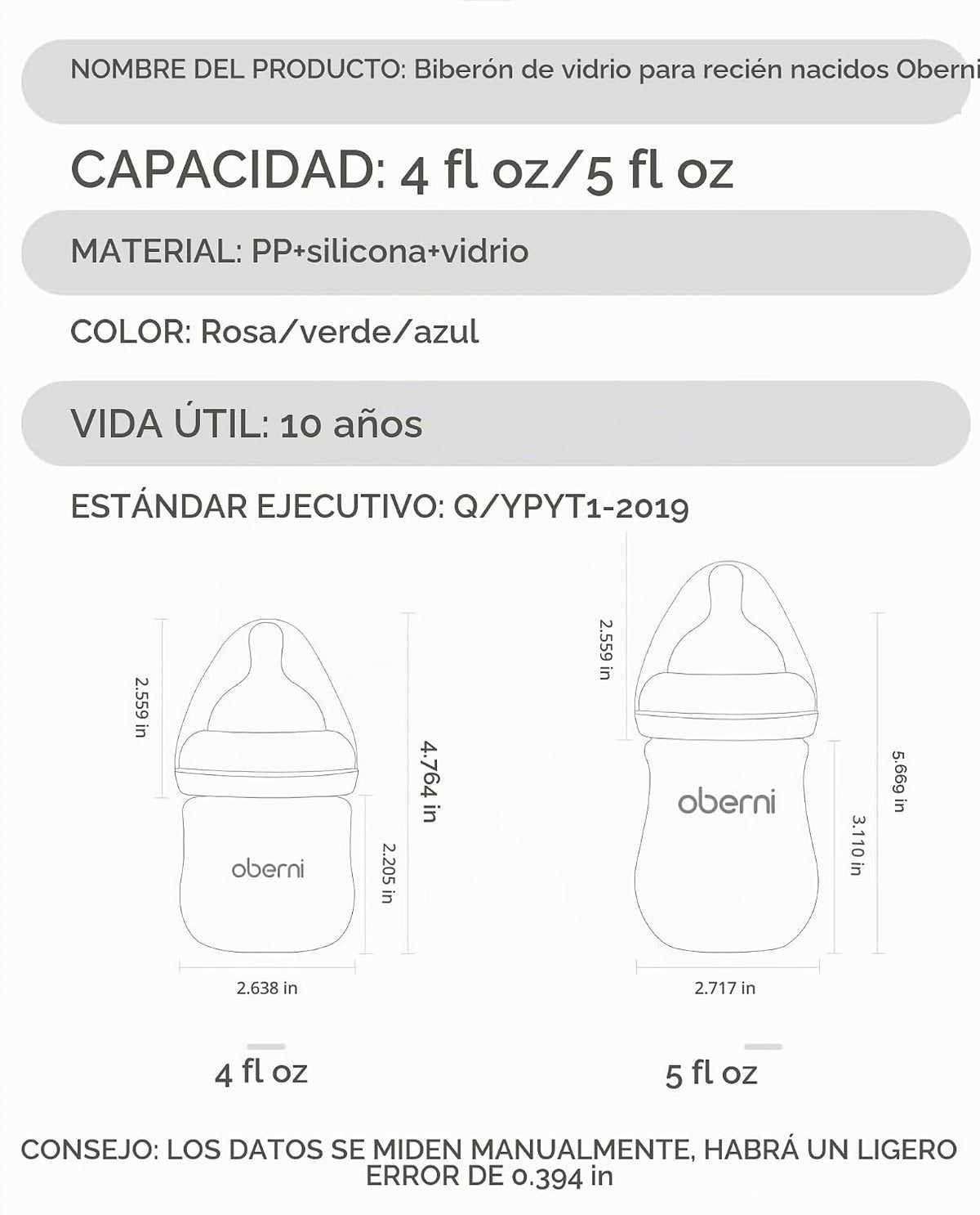 Oberni Biberones de Vidrio para Bebé, Biberón Anticólico de Lactanc...