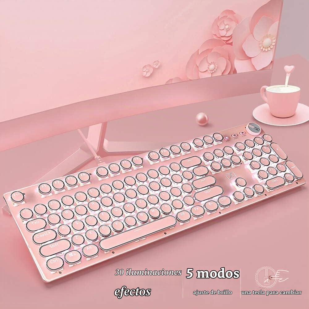 Teclado y mouse de máquina de escribir rosa, teclado mecánico retro...