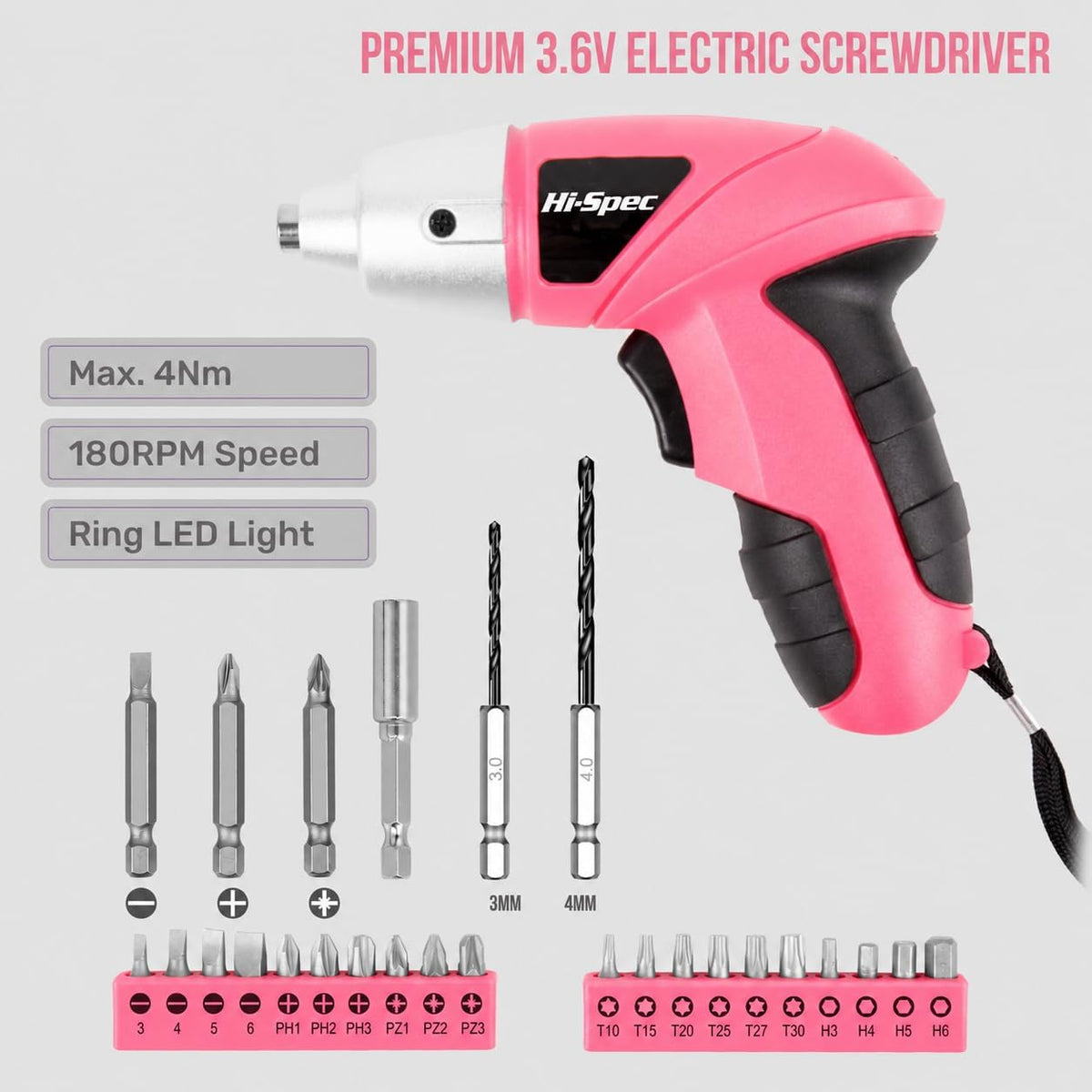 Hi-Spec Destornillador eléctrico 27pc 3.6V rosa USB pequeño juego d...