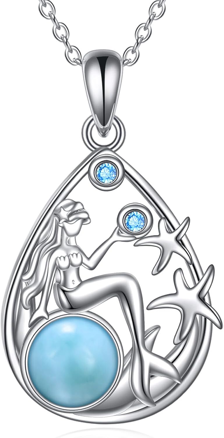 CRMAD Larimar - Collar de playa de plata de ley con diseño de lágri...