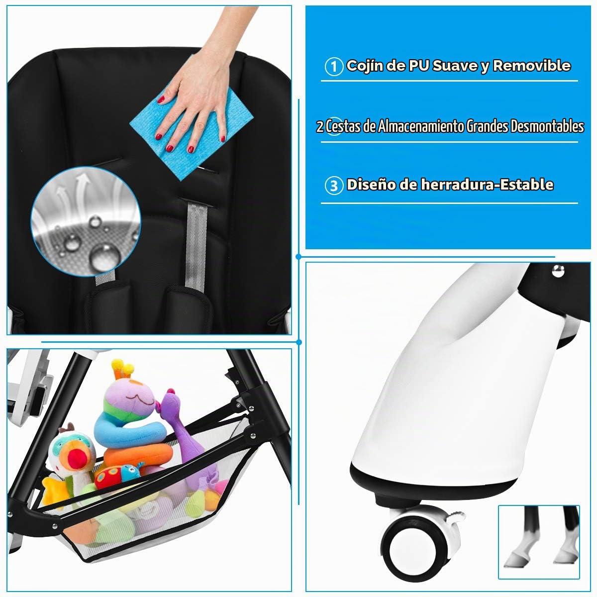 INFANS Silla alta con bandeja extraíble con una sola mano, 4 ruedas...