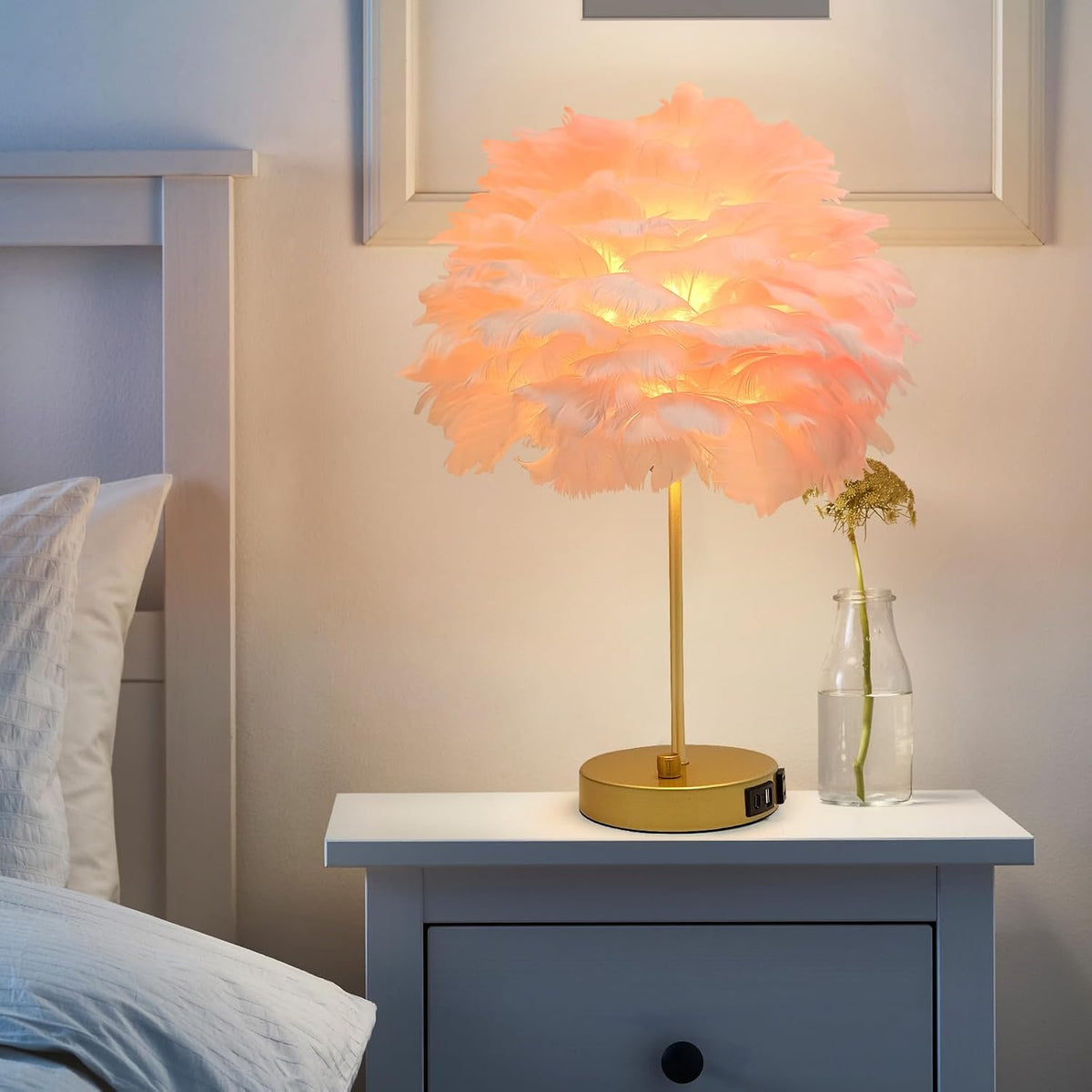 ZYLEIESENBAO Lámpara de mesa con cargador USB de plumas rosas, lámp...