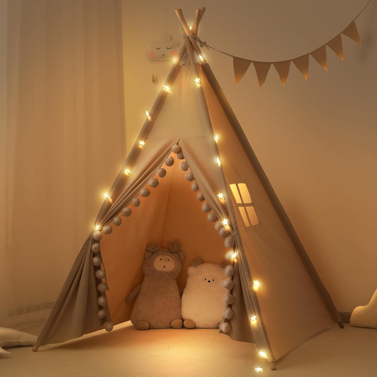 RONGFA - Tienda de campaña tipi para niños con luces y pompones gra...