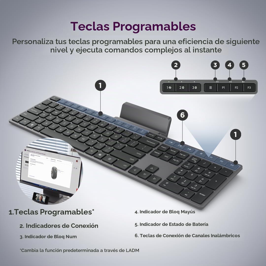 Teclado Inalámbrico Moderno Lenovo 700, Dongle 2.4 GHz y Conexión D...