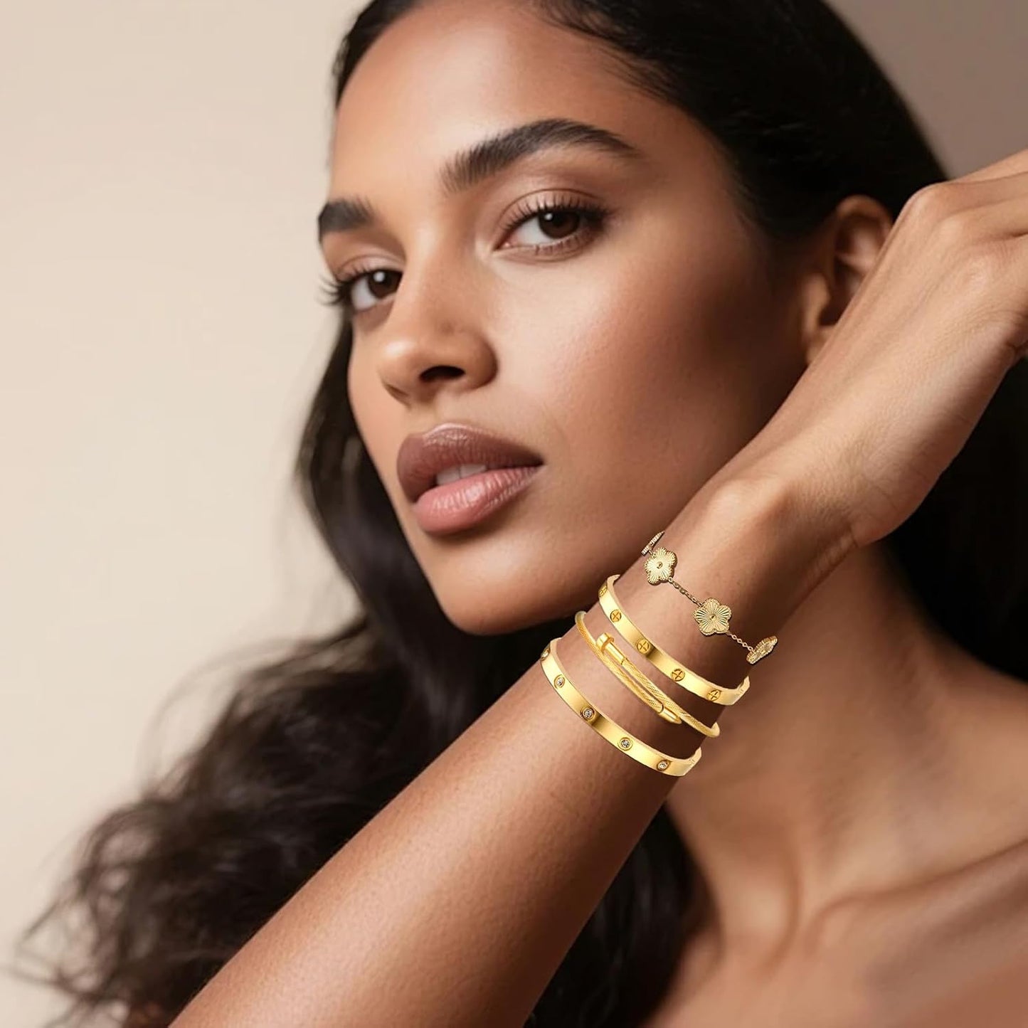 Ntutrxk Pulseras de oro para mujer - 4 piezas\/3 piezas, juego de p...