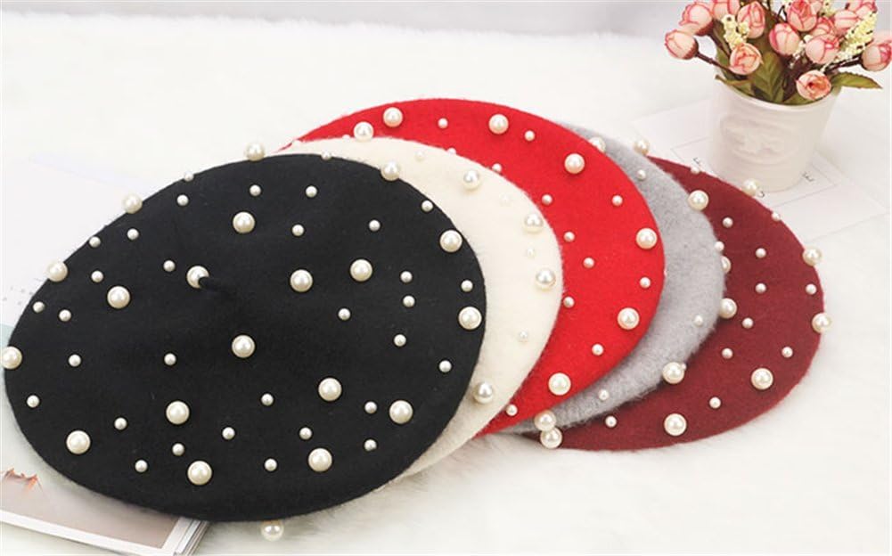 Sombrero de boina vintage de lana de perla para mujer, gorro cálido...