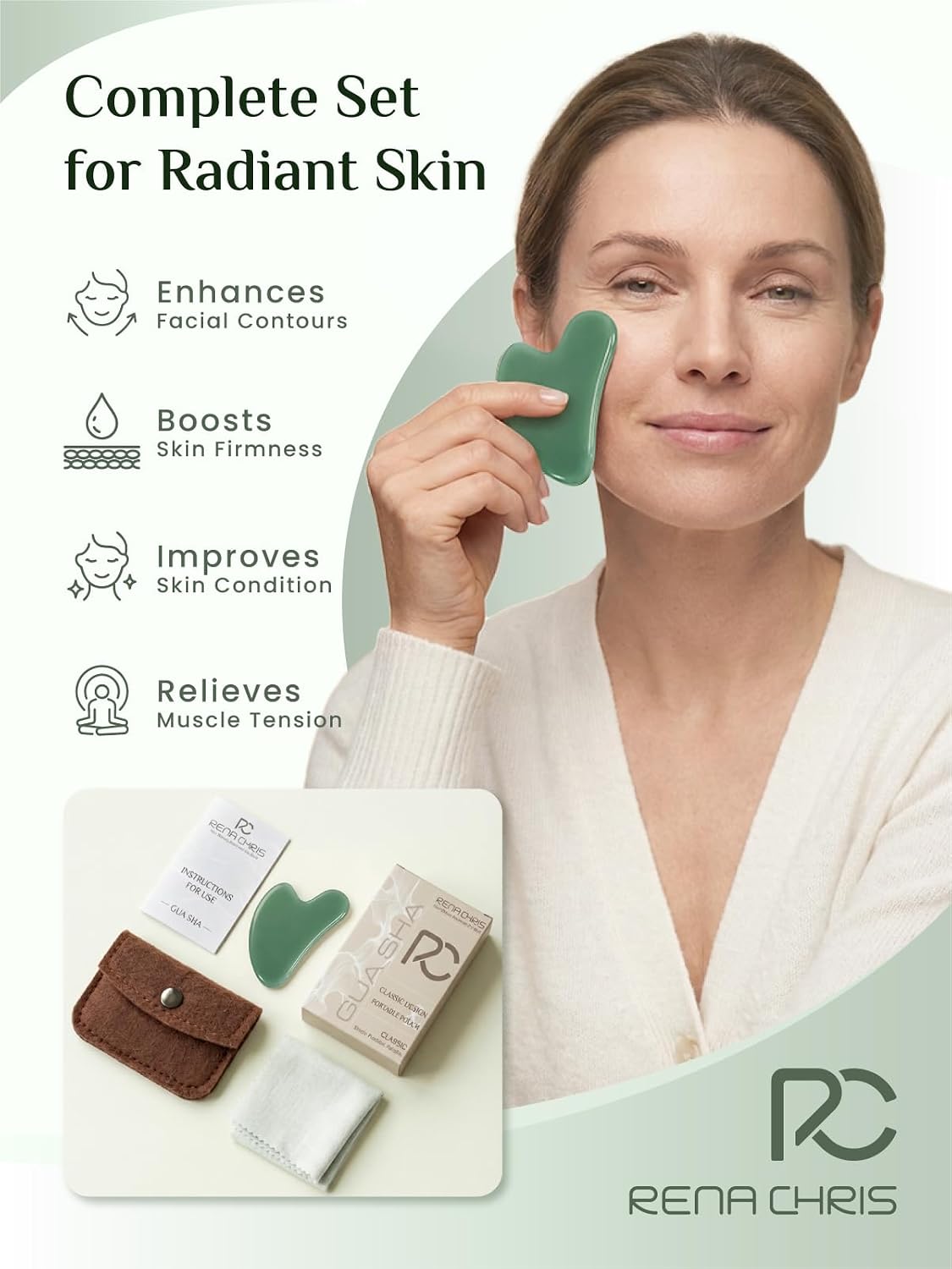 Rena Chris Herramientas faciales Gua Sha, Guasha de piedra verde -...