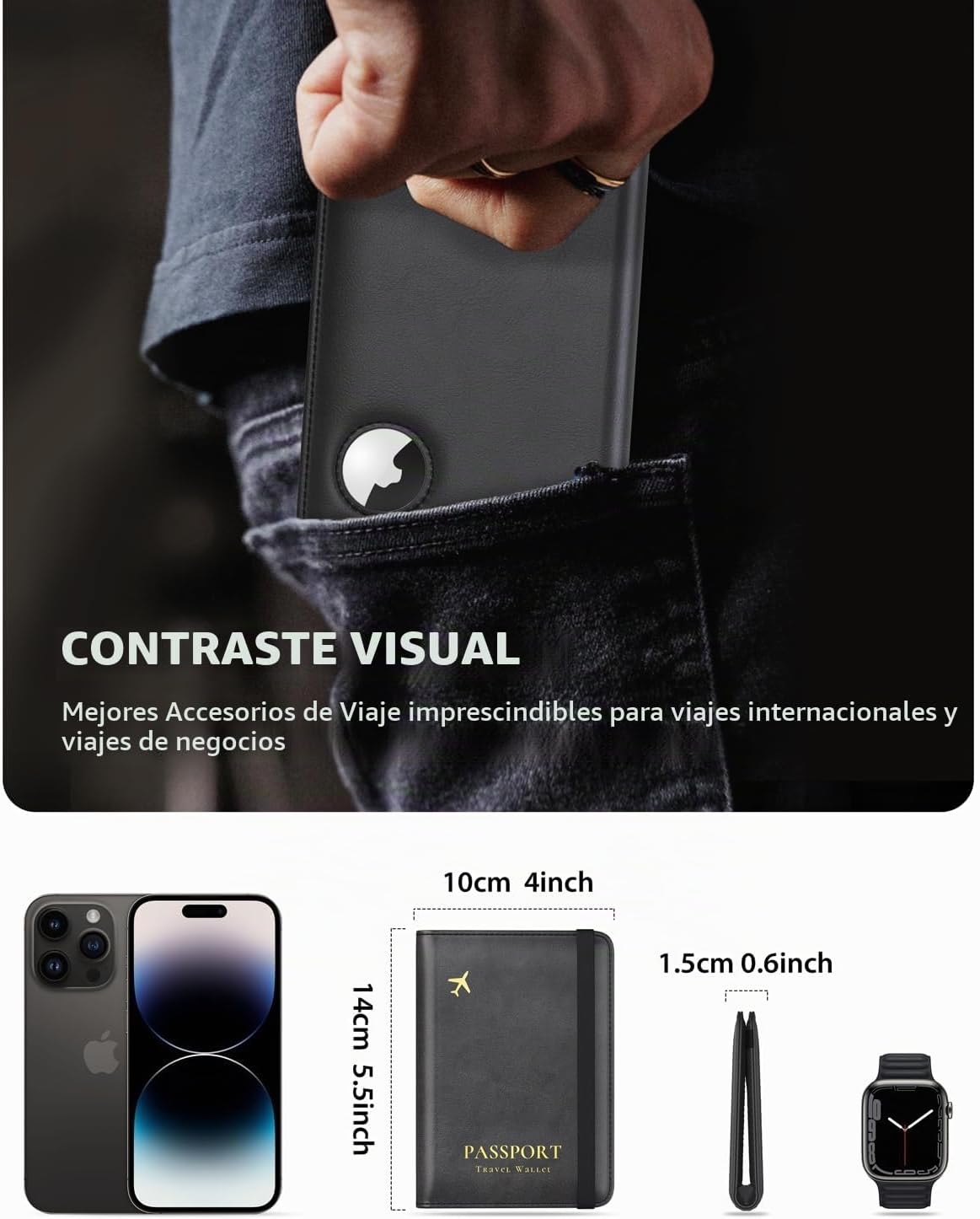 Stouchi Soporte para pasaporte AirTag - Cartera de viaje delgada RF...