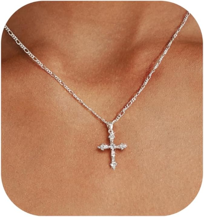 Collar de cruz para mujer, collar de doble cruz chapada en oro de 1...