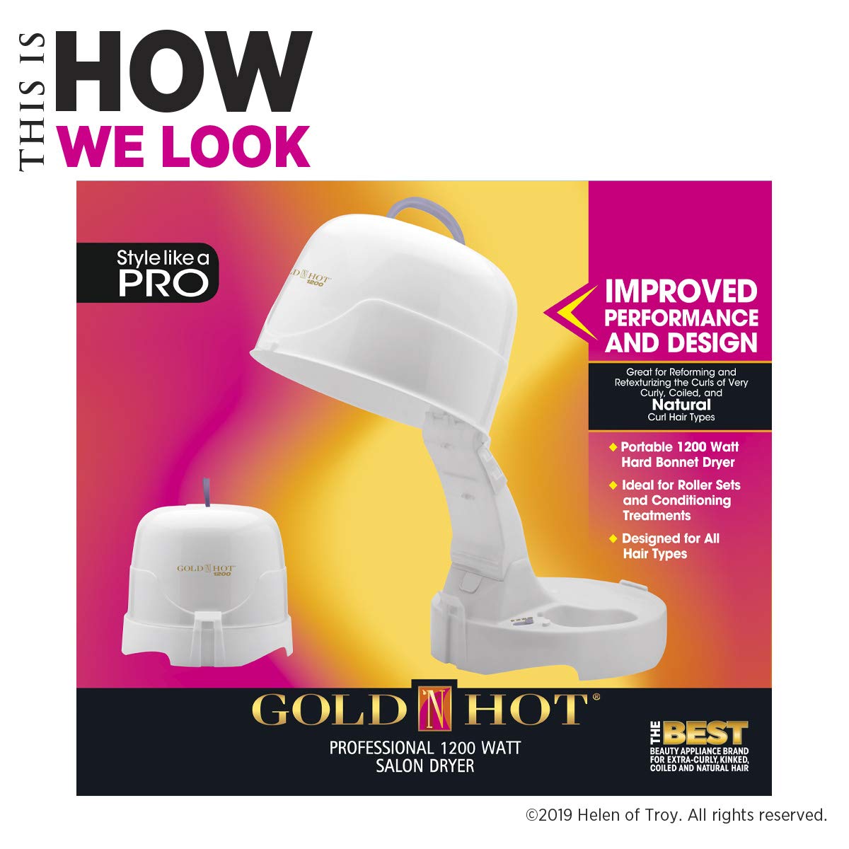 Gold N Hot Secador de pelo profesional con capucha completa de 1200...