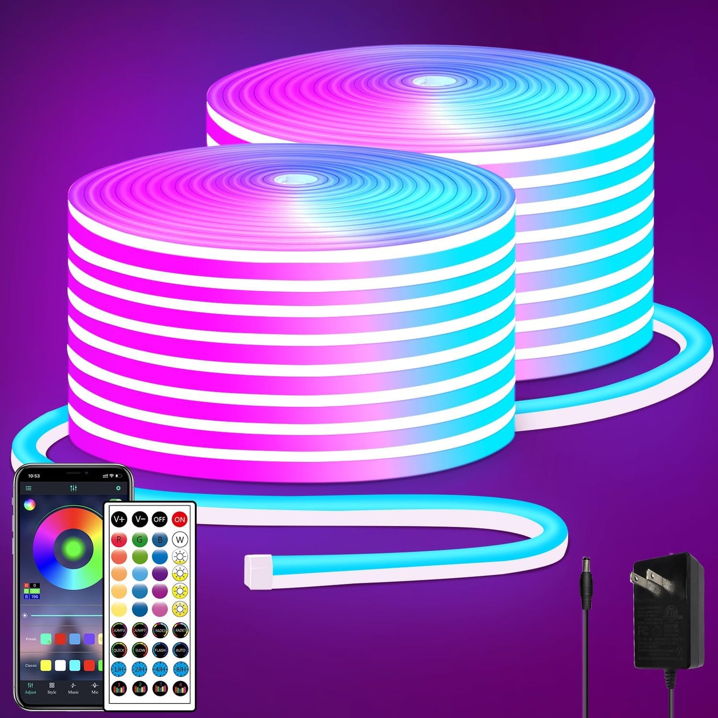 Luces de cuerda de neón LED RGB de 100 pies, luces de neón LED con...