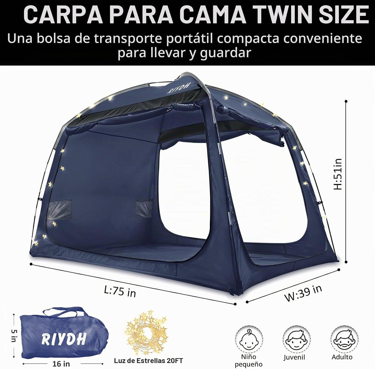 RIYDH Tienda de campaña para cama, toldo transpirable 100% para adu...