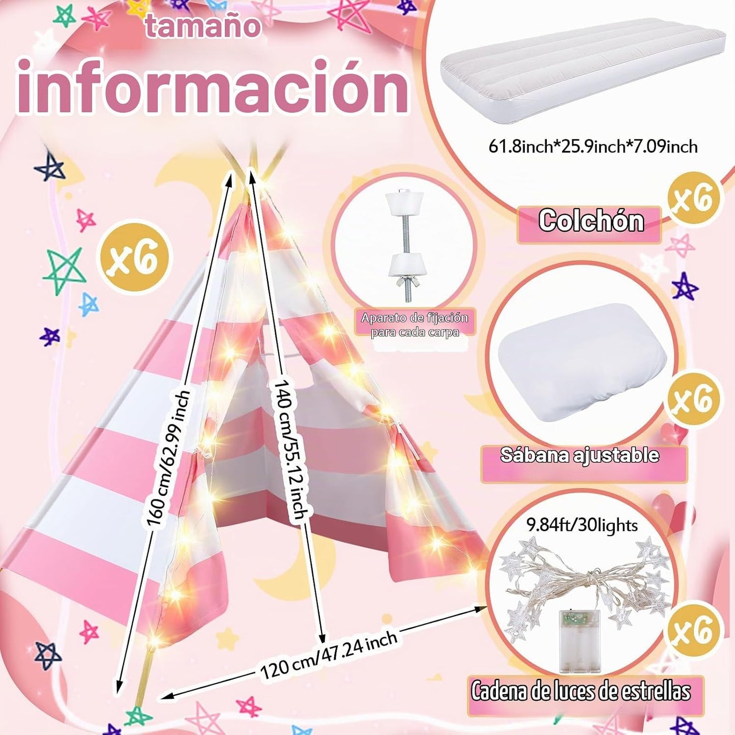 Lemosae Paquete de 6 Tiendas de Campaña Tipi para Pijamadas para Ni...