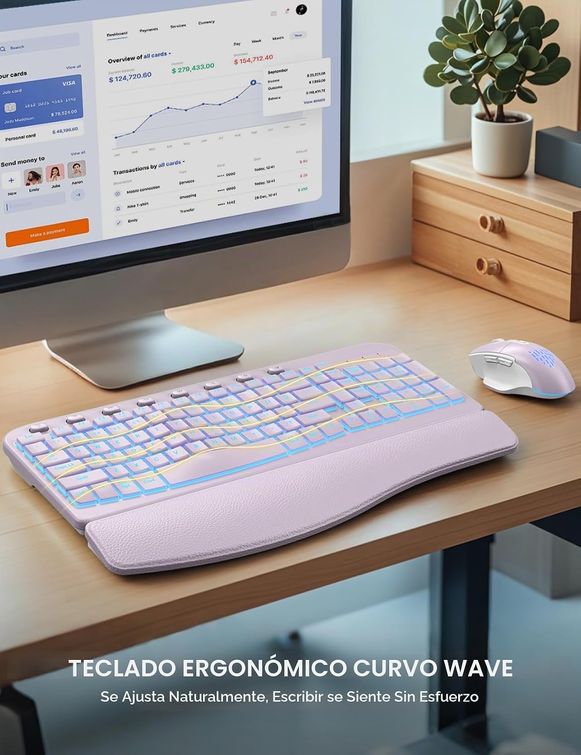 SABLUTE Combo de teclado y mouse inalámbricos, onda ergonómica con...