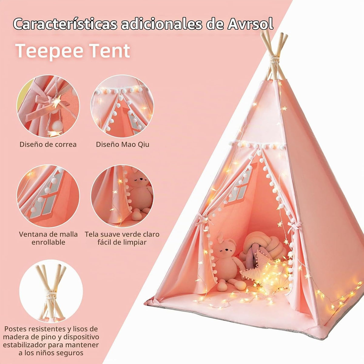 RONGFA Tienda de campaña tipi para niños con alfombra, luces de est...